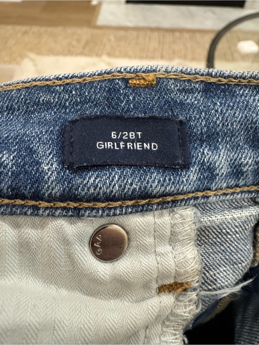 GAP Girlfriend Jeans in Light Blue Denim with Tan Stitching
